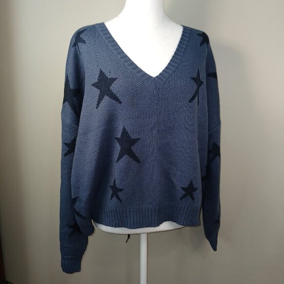 POL BRAND VNECK OVERSIZED CROPPED SWEATER BLUE WITH STARS WOMENS SIZE SMALL - Picture 1 of 6